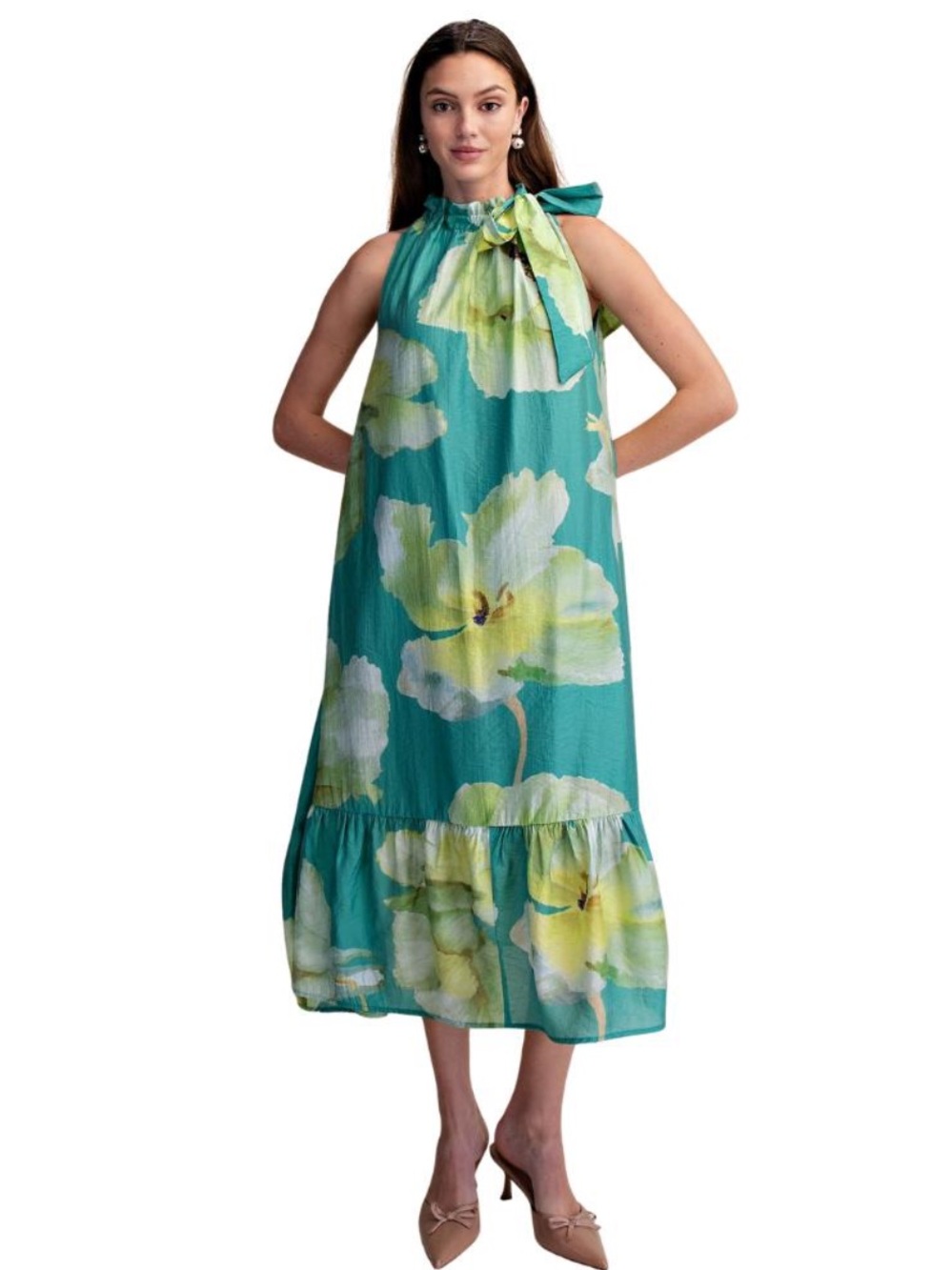 GLAM Ruffle Neck Tie Sleeveless Midi Floral Dress